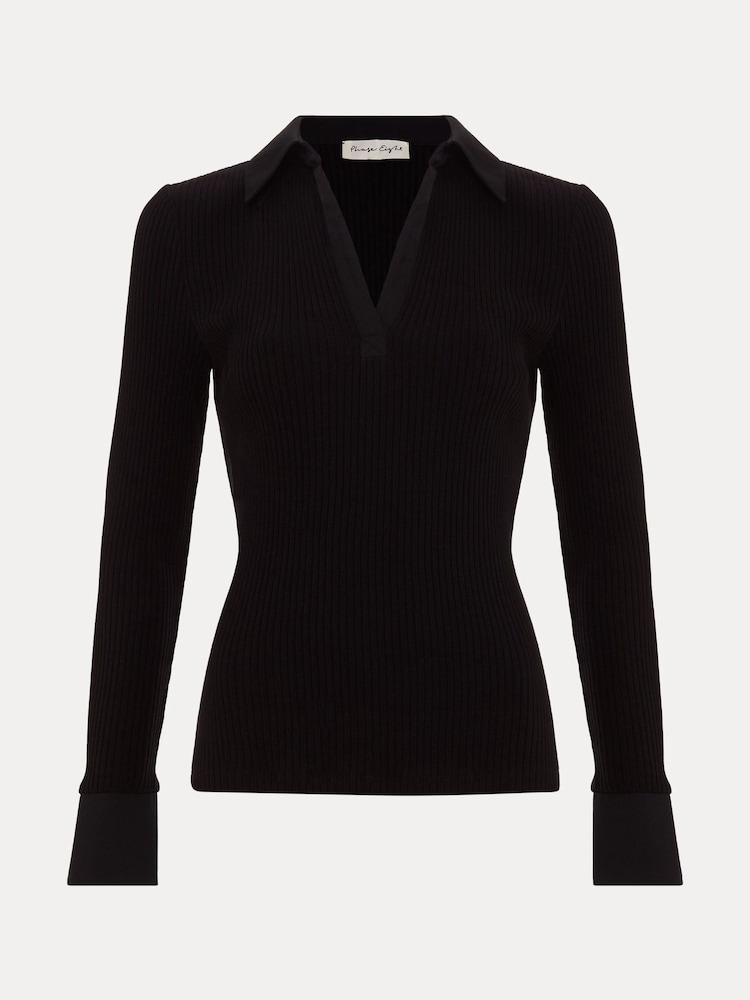 Phase Eight Black Lisa Ribbed Polo Neck 100% Cotton Top - Image 7 of 7