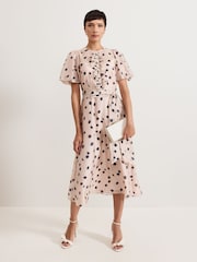 Phase Eight Pink Nicola Spot Ruffle Midi Dress - Image 1 of 7