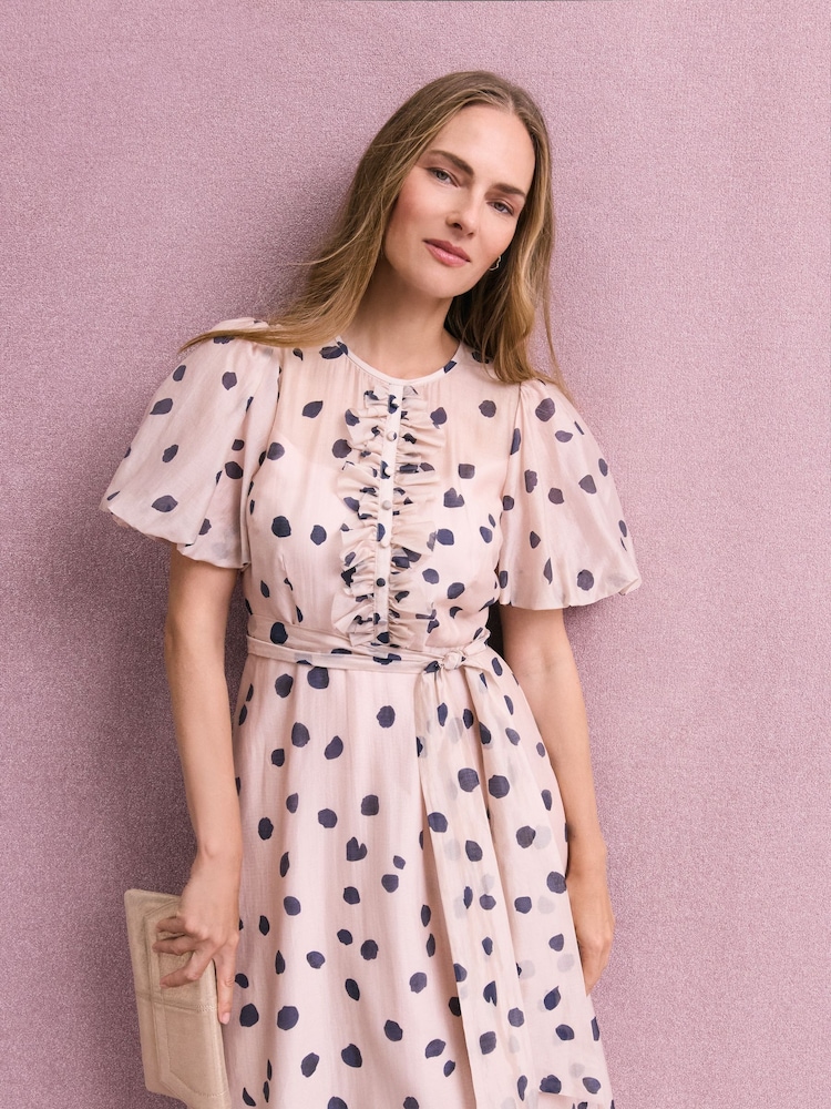 Phase Eight Pink Nicola Spot Ruffle Midi Dress - Image 2 of 7