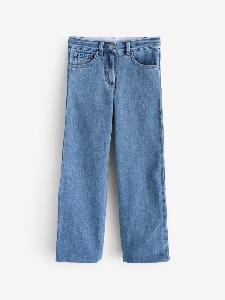 Stella McCartney Kids Blue Wide Leg Jeans With Logo Multicolur Stitch Detail - Image 1 of 7 Stella McCartney Kids Blue Wide Leg Jeans With Logo Multicolur Stitch Detail - Image 1 of 7