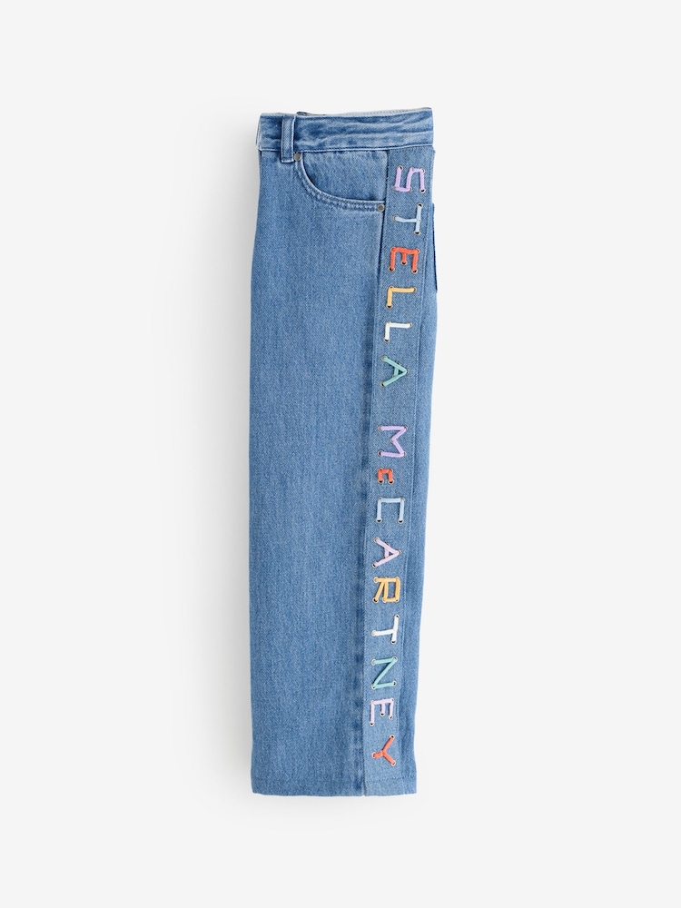 Stella McCartney Kids Blue Wide Leg Jeans With Logo Multicolur Stitch Detail - Image 2 of 7