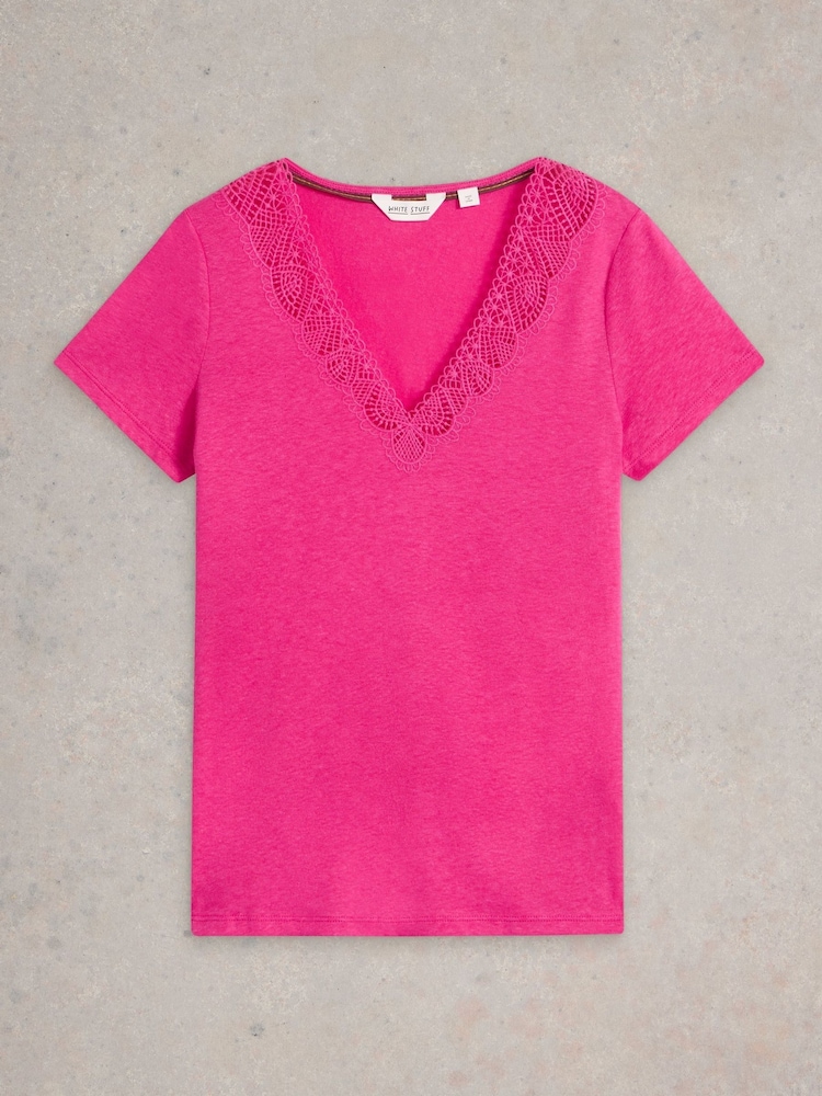 White Stuff Pink Ellie Lace T-Shirt - Image 5 of 6