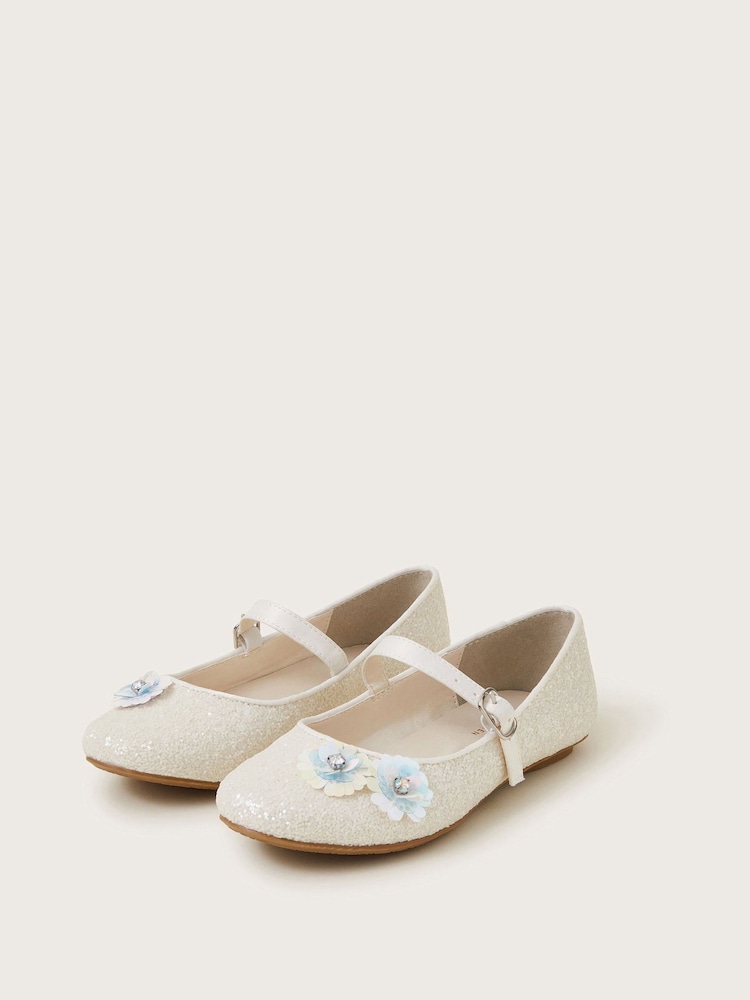 Monsoon Natural Glitter Sequin Flower Ballet Flats - Image 1 of 2