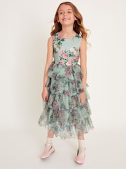 Monsoon Green Flora Rose Print Tiered Tulle Dress - Image 1 of 3