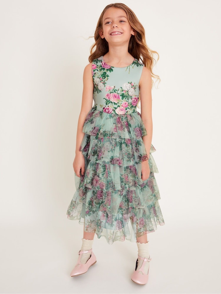 Monsoon Green Flora Rose Print Tiered Tulle Dress - Image 1 of 3