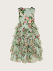Monsoon Green Flora Rose Print Tiered Tulle Dress - Image 2 of 3