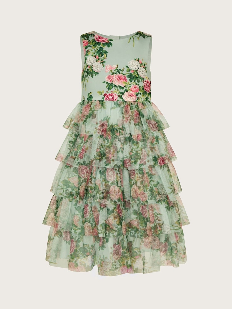 Monsoon Green Flora Rose Print Tiered Tulle Dress - Image 2 of 3