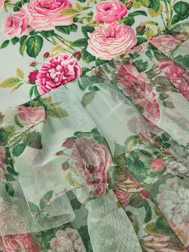 Monsoon Green Flora Rose Print Tiered Tulle Dress - Image 3 of 3