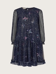 Monsoon Blue Long Sleeve Bow Print Mesh Dress - Image 1 of 1