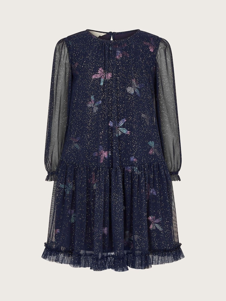 Monsoon Blue Long Sleeve Bow Print Mesh Dress - Image 1 of 1