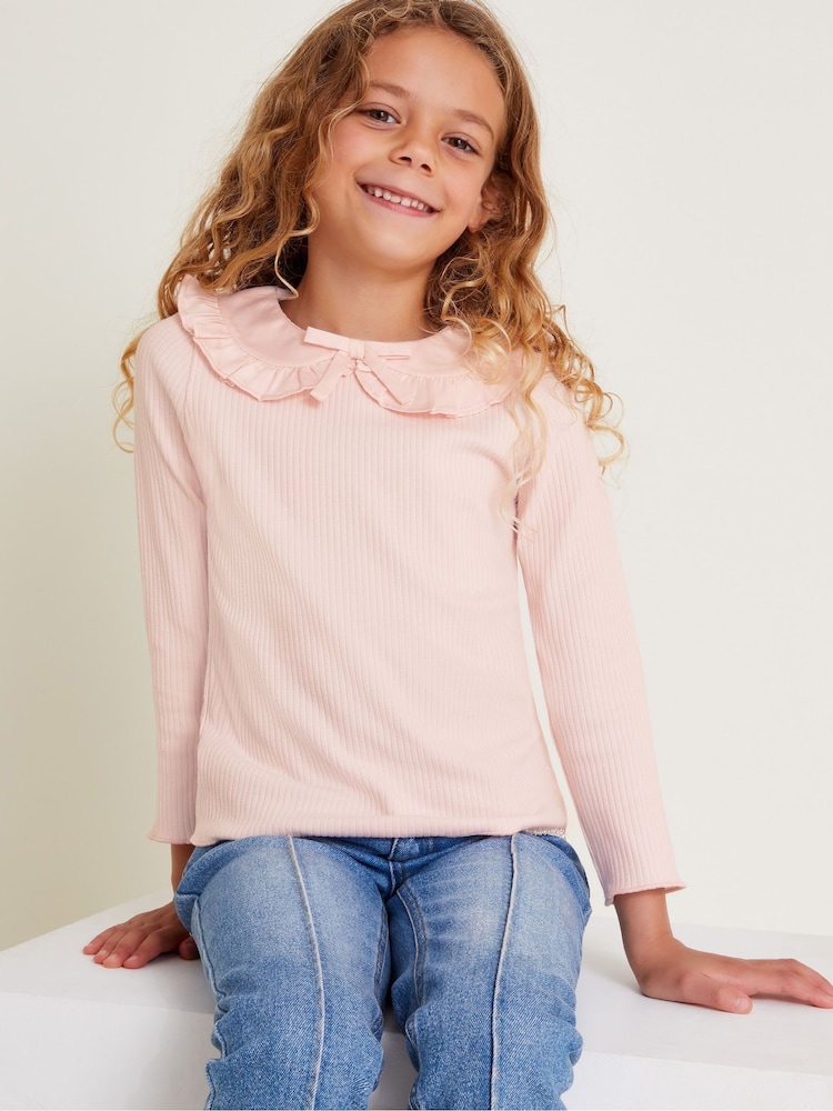 Monsoon Pink Satin Collar Long Sleeve Rib Top - Image 1 of 3
