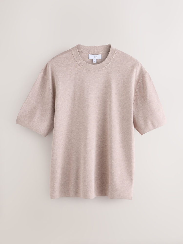 Oatmeal Relaxed Fit Premium Short Sleeve Knitted Crew T-Shirt - Image 5 of 7