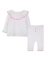 Billieblush Baby Heart Print White Top & Leggings Set With Frill Neckline - Imagen 1 de 6