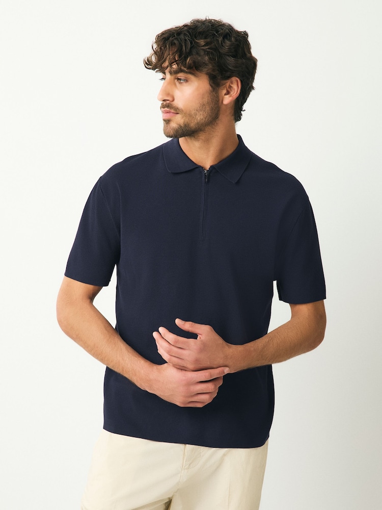 Navy Blue Quarter Zip Relaxed Fit Premium Short Sleeve Knit Polo Shirt - Image 1 of 6 Navy Blue Quarter Zip Relaxed Fit Premium Short Sleeve Knit Polo Shirt - Image 1 of 6