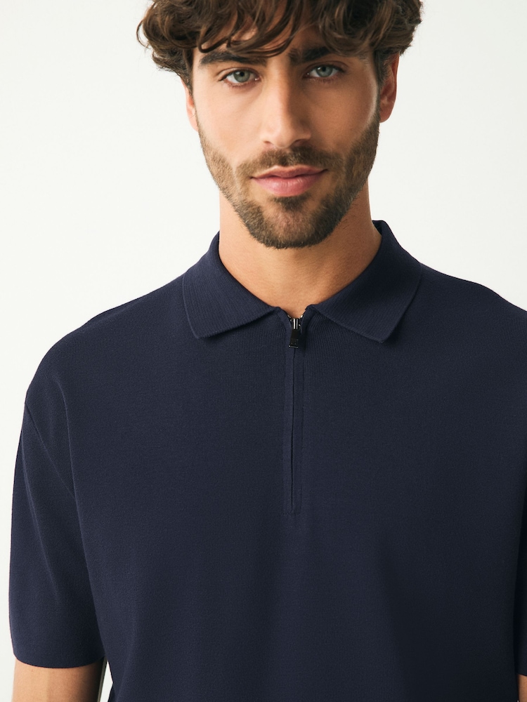 Navy Blue Quarter Zip Relaxed Fit Premium Short Sleeve Knit Polo Shirt - Image 4 of 7