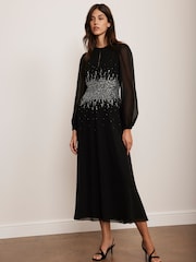Mint Velvet Black Embellished Midi Dress - Image 1 of 7