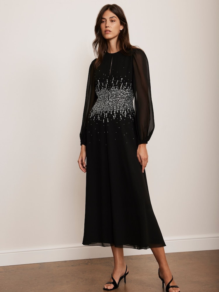 Mint Velvet Black Embellished Midi Dress - Image 1 of 7