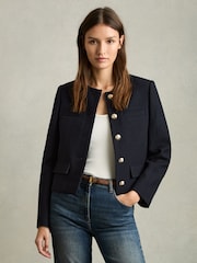 Reiss Navy Nola Cropped Wool Single Breasted Jacket - Image 1 of 6