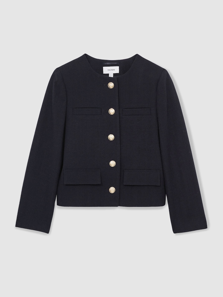 Reiss Navy Nola Cropped Wool Single Breasted Jacket - Image 2 of 6