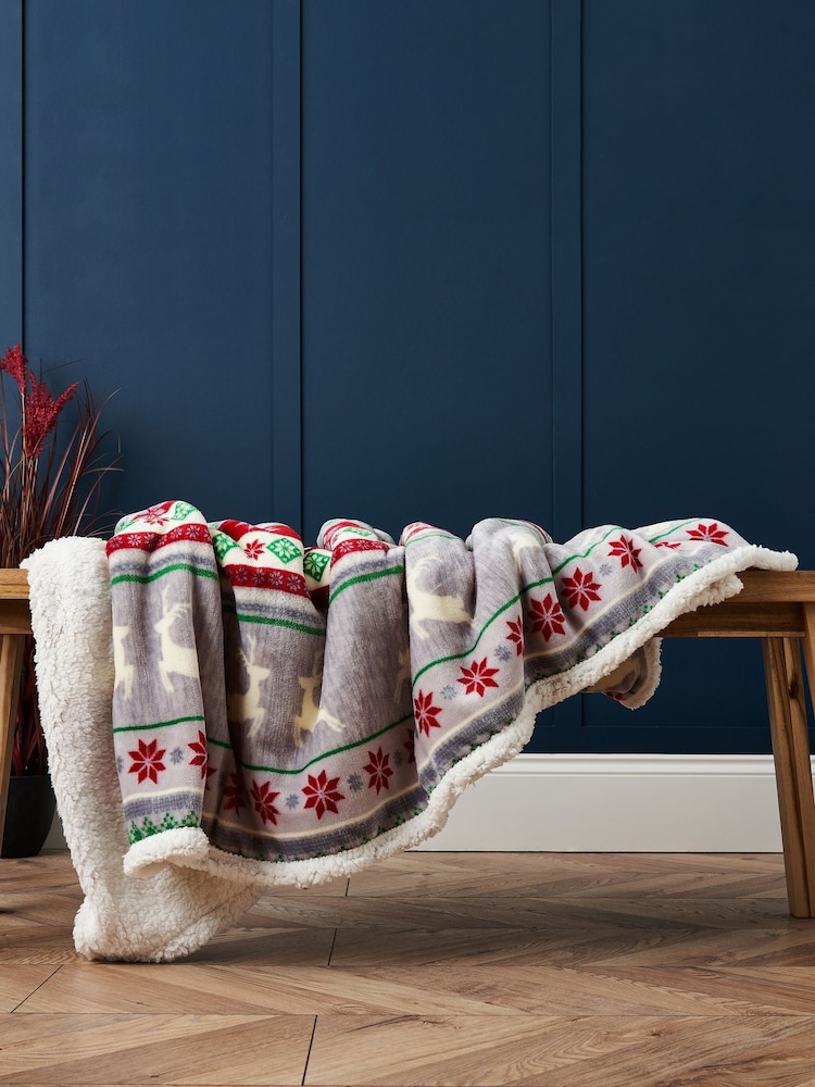 BHS Red Christmas Stag Stripe Throw Sherpa - Image 1 of 4