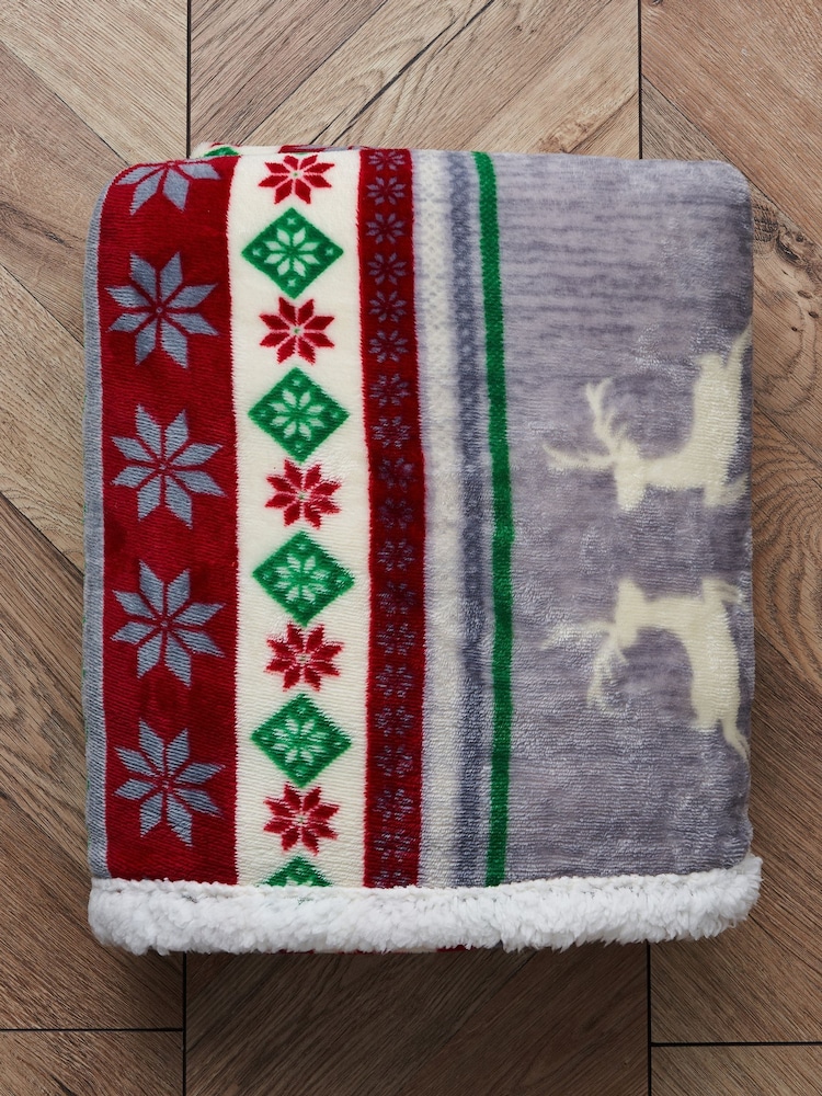 BHS Red Christmas Stag Stripe Throw Sherpa - Image 2 of 4