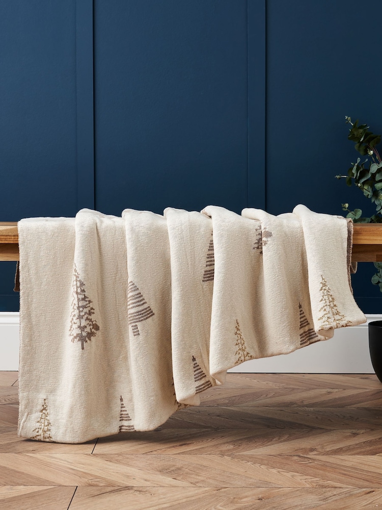 BHS Natural Christmas Tree 100% Cotton Throw - Image 1 of 6