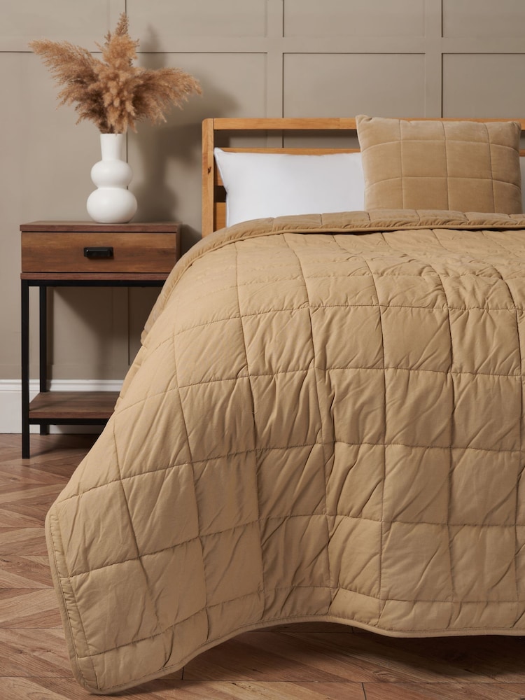 BHS Sand Square Stitch Quilted 100% Cotton Bedspread - Image 1 of 4