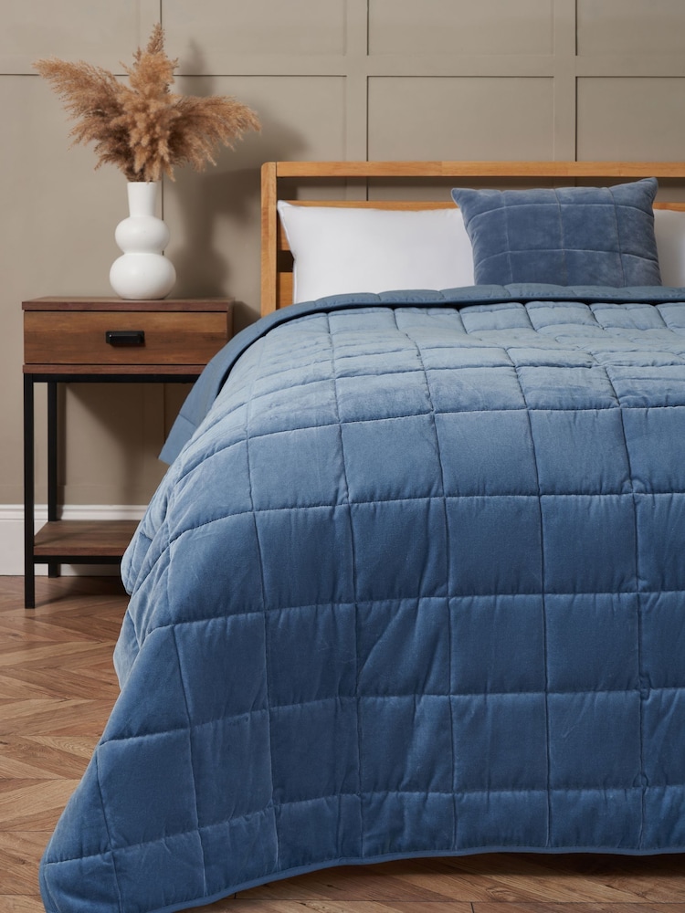 BHS Blue Square Stitch Quilted 100% Cotton Bedspread - Image 1 of 4