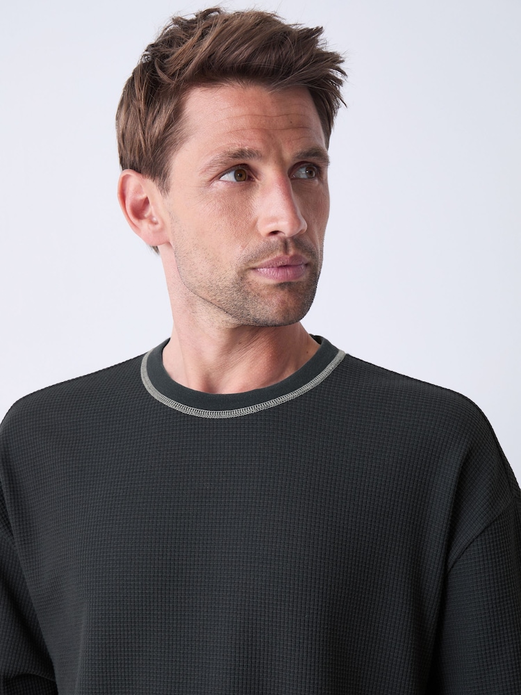 Charcoal Grey Contrast Stitch Textured T-Shirt - Image 1 of 7 Charcoal Grey Contrast Stitch Textured T-Shirt - Image 1 of 7