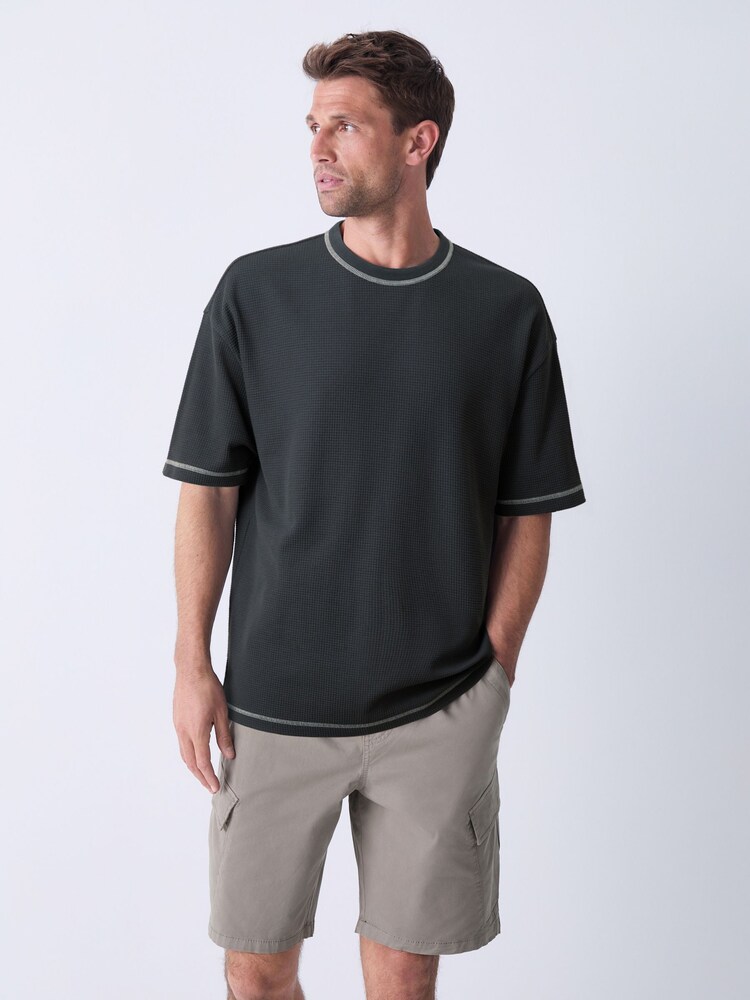 Charcoal Grey Contrast Stitch Textured T-Shirt - Image 2 of 7 Charcoal Grey Contrast Stitch Textured T-Shirt - Image 2 of 7