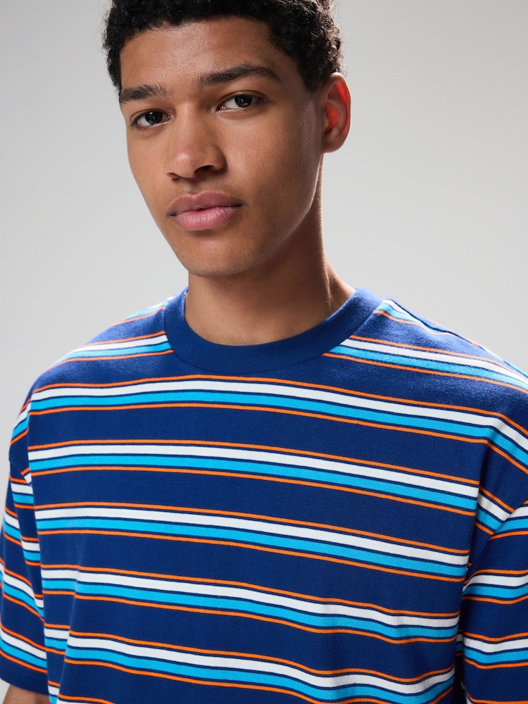 Blue Relaxed Fit Stripe Heavyweight 100% Cotton T-Shirt - Image 1 of 8 Blue Relaxed Fit Stripe Heavyweight 100% Cotton T-Shirt - Image 1 of 8
