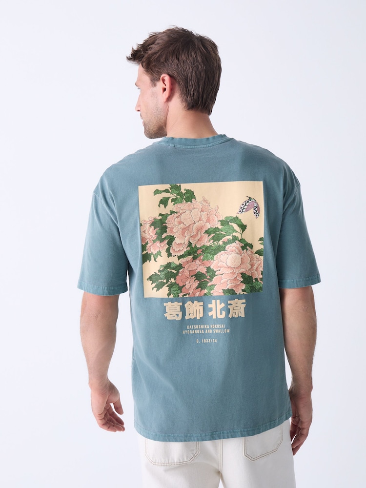 Teal Green Hokusai Floral Regular Fit Artist License 100% Cotton T-Shirt - Image 1 of 8