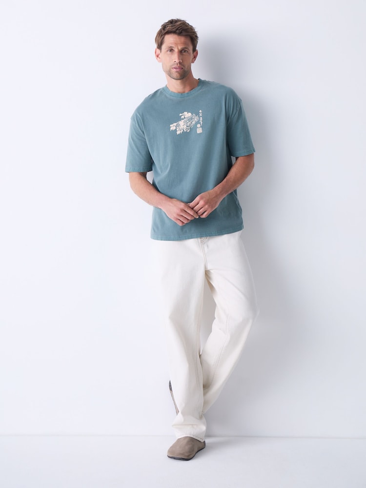 Teal Green Hokusai Floral Regular Fit Artist License 100% Cotton T-Shirt - Image 2 of 8