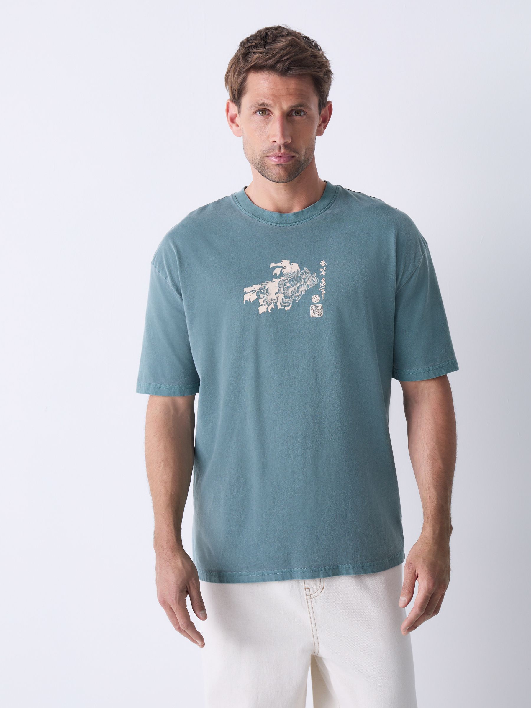 Buy Teal Green Hokusai Floral Regular Fit Artist License T-Shirt