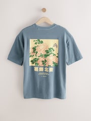 Teal Green Hokusai Floral Regular Fit Artist License 100% Cotton T-Shirt - Image 5 of 8