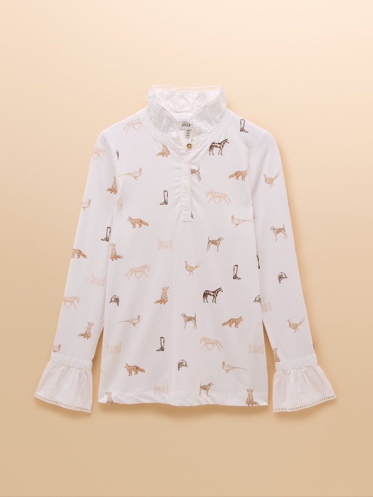 Joules Kate Cream Printed Long Sleeve Frilled Neck Top - Image 8 of 8