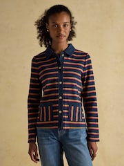 Premium Ribbed Navy Tan Pink Button Through Jersey Cardigan - Image 1 of 8