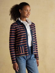 Premium Ribbed Navy Tan Pink Button Through Jersey Cardigan - Image 3 of 8