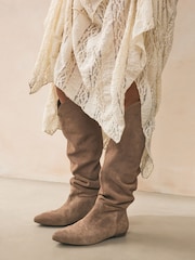 Mink Brown Suede Signature Premium Leather Knee High Slouch Boots - Image 1 of 8