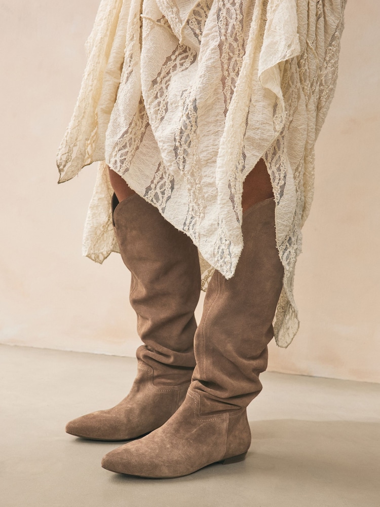 Mink Brown Suede Signature Premium Leather Knee High Slouch Boots - Image 1 of 8