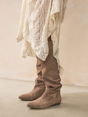 Mink Brown Suede Signature Premium Leather Knee High Slouch Boots - Image 2 of 8