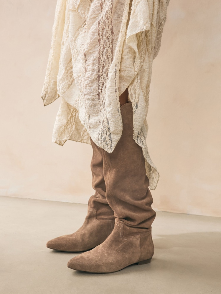 Mink Brown Suede Signature Premium Leather Knee High Slouch Boots - Image 2 of 8