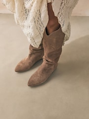 Mink Brown Suede Signature Premium Leather Knee High Slouch Boots - Image 3 of 8