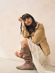 Mink Brown Suede Signature Premium Leather Knee High Slouch Boots - Image 4 of 8