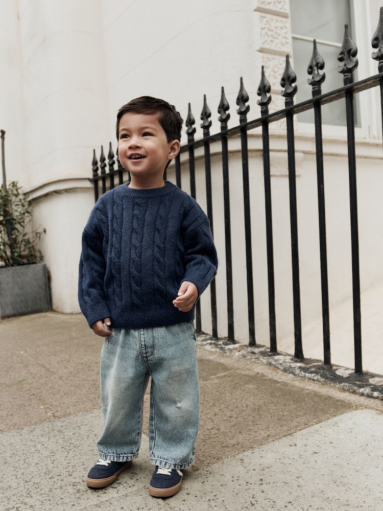 Navy Blue Stripe Cable Knit Crew Neck Jumper (3mths-7yrs) - Image 2 of 10 Navy Blue Stripe Cable Knit Crew Neck Jumper (3mths-7yrs) - Image 2 of 10