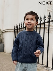 Navy Blue Stripe Cable Knit Crew Neck Jumper (3mths-7yrs) - Image 9 of 10