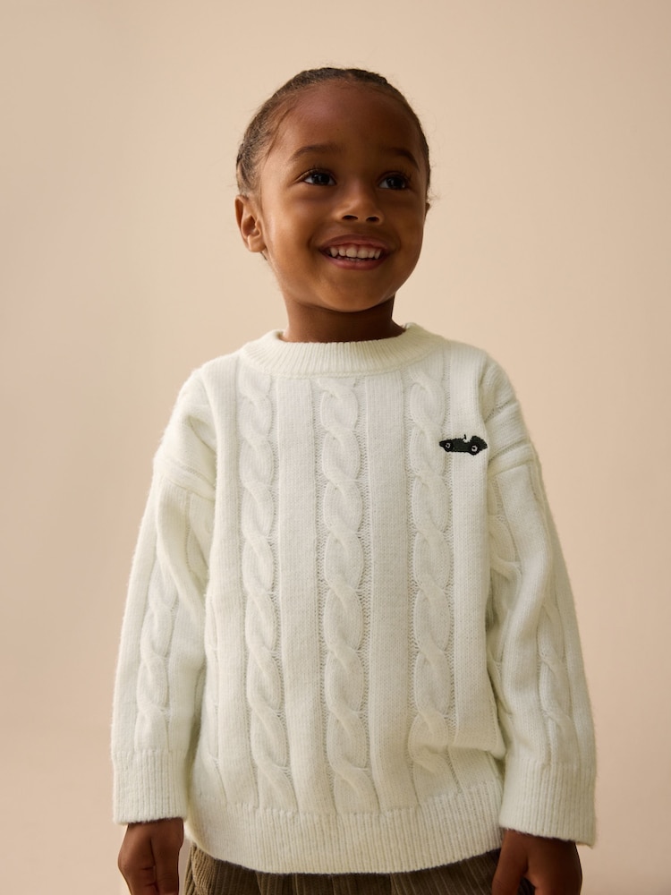 Ecru White Stripe Cable Knit Crew Neck Jumper (3mths-7yrs) - Image 1 of 8 Ecru White Stripe Cable Knit Crew Neck Jumper (3mths-7yrs) - Image 1 of 8