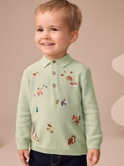 Sage Green All-Over Embroidered Knitted Polo Shirt (3mths-7yrs) - Image 1 of 8
