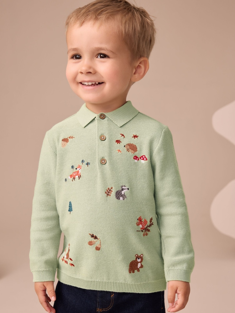 Sage Green All-Over Embroidered Knitted Polo Shirt (3mths-7yrs) - Image 1 of 8
