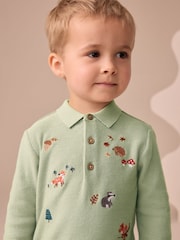 Sage Green All-Over Embroidered Knitted Polo Shirt (3mths-7yrs) - Image 4 of 8